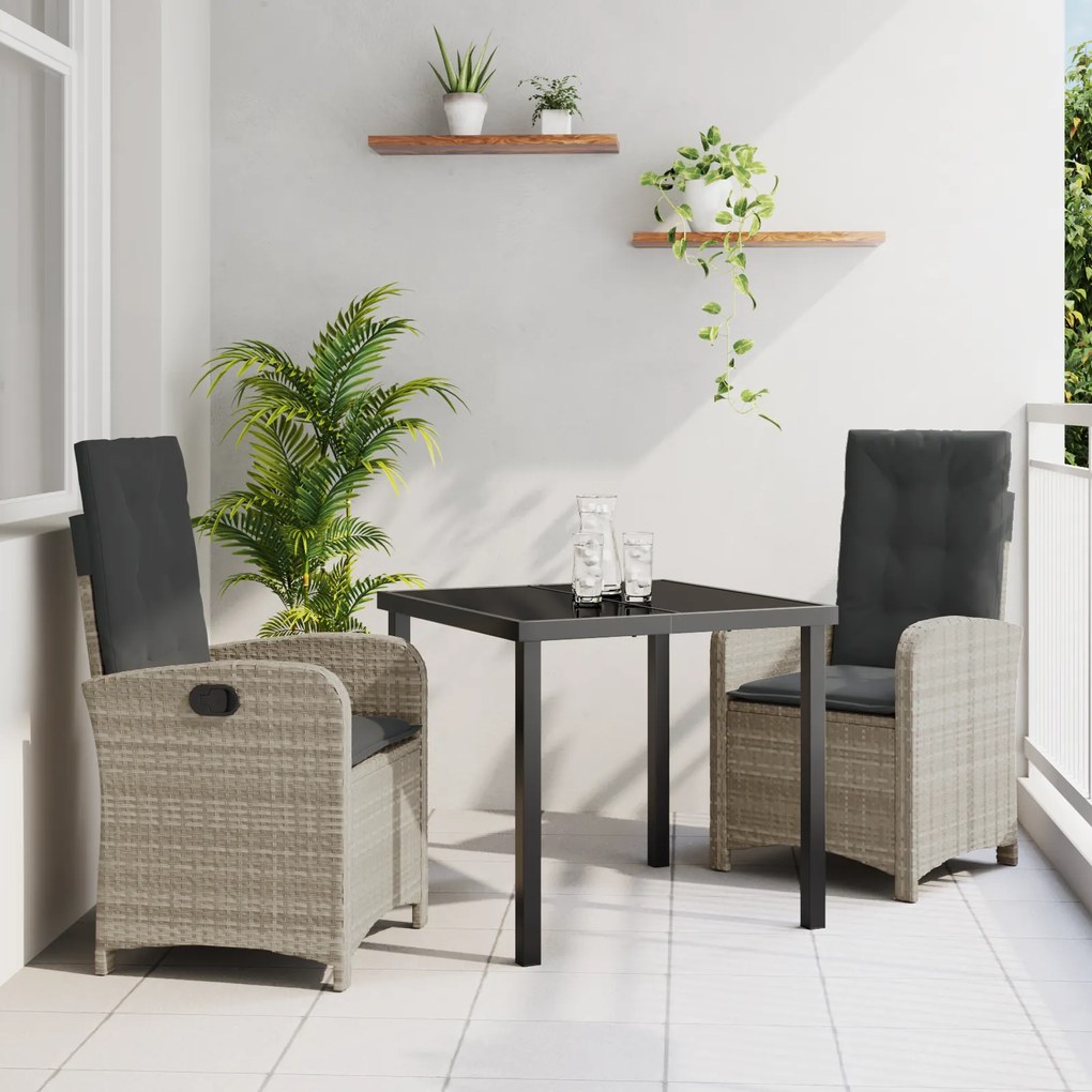 vidaXL Conjunto de Jantar de Jardim com 3 Peças e Almofadas em Rattan Poliéster Cinza Claro