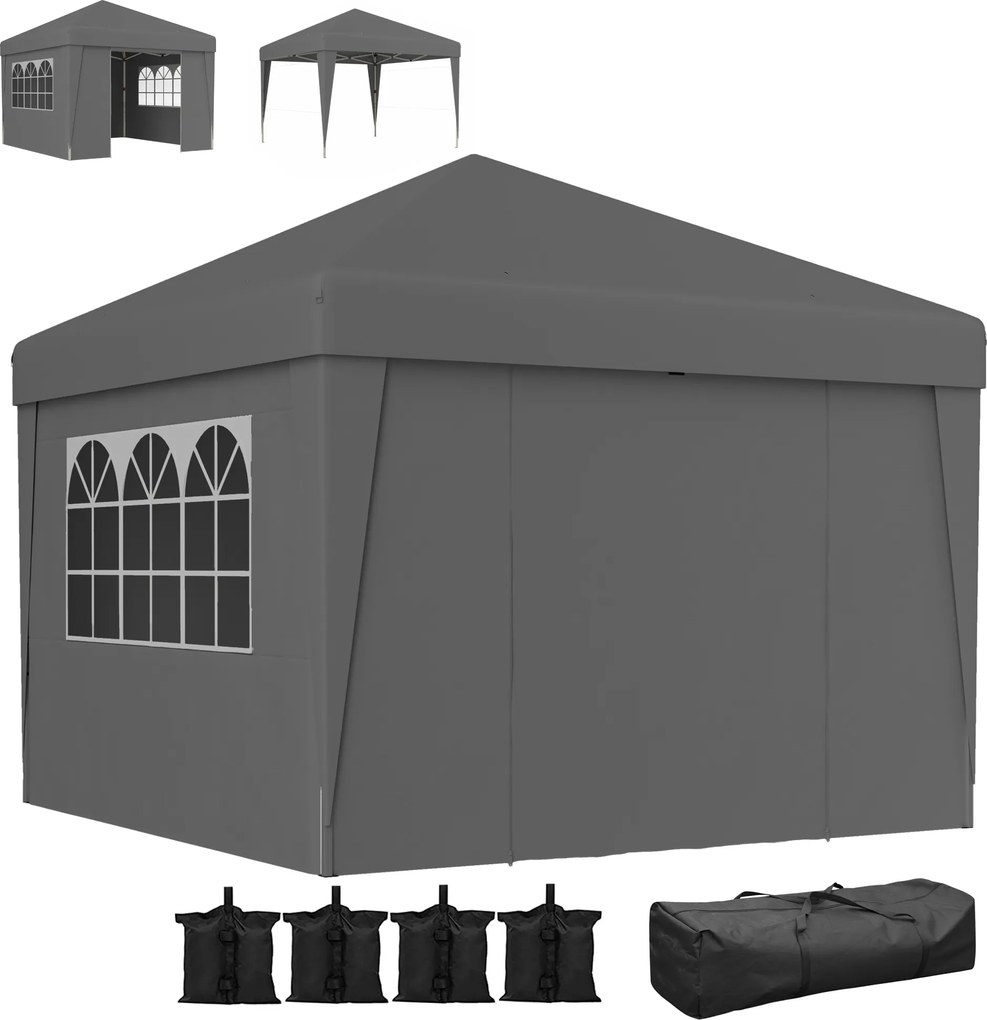 Tenda de jardim dobrável 3 x 3 x 2,75 m com proteção UV 30+ com janelas + paredes laterais + saco de transporte cinzento escuro