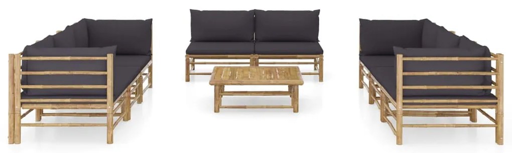 9 pcs conj. lounge jardim em bambu c/ almofadões cinza-escuro