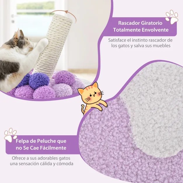 Arranhador para gatos em forma de chá de bolhas Torre para gatos com poste de arranhar em sisal e bola suspensa 67 x 37 x 37 cm roxo e branco