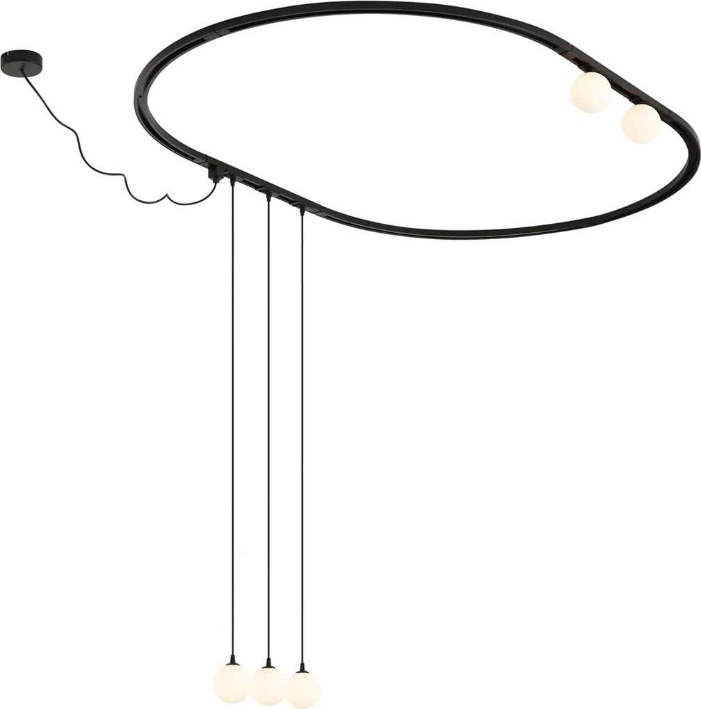 Sistema de iluminação de trilho oval moderno preto com 3 luzes pendentes e 2 luzes de teto brancas monofásico - Iconic Perle
