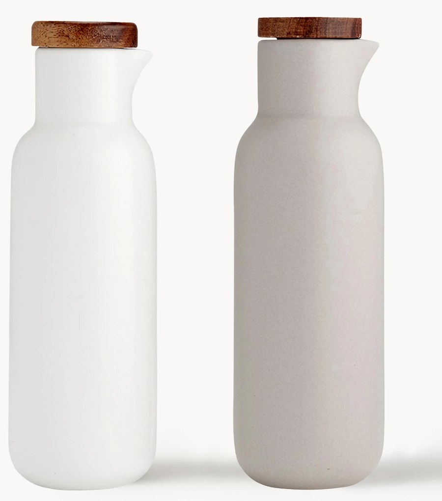 Dispensador de azeite e vinagre em porcelana e madeira de acácia Essentials, conjunto de 2