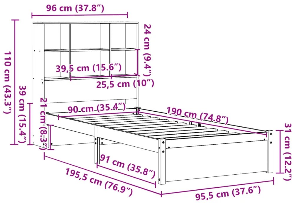 Cama com estante sem colchão 90x190 cm pinho maciço branco