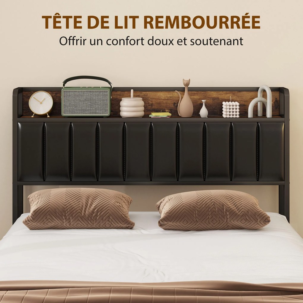 Estrutura de cama de 140 x 190 cm com base de ripas metálicas (COLCHÃO NÃO INCLUIDO), cama de casal estofada com 4 gavetas e prateleira, preta