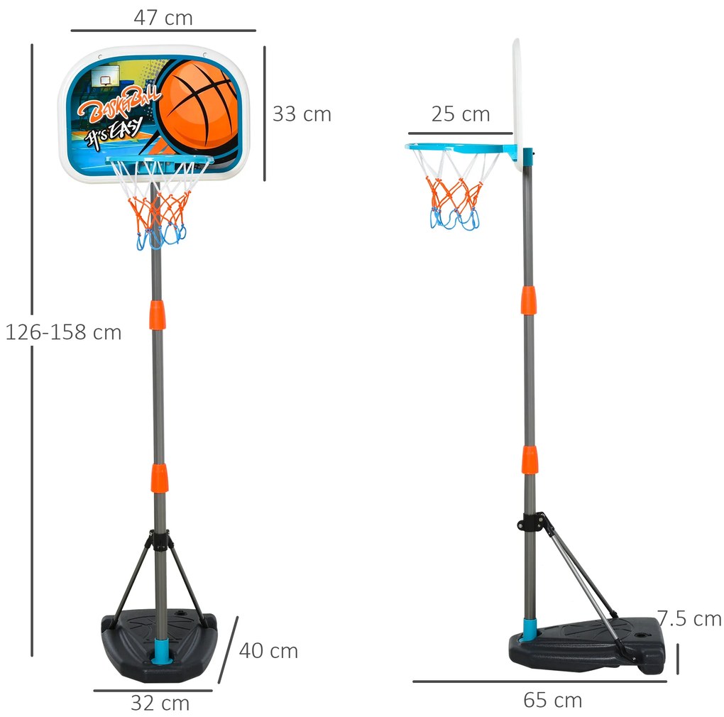 Cesto de basquete para crianças acima de 6 anos com suporte de altura ajustável e base recarregável incluídos 32x65x126-158 cm