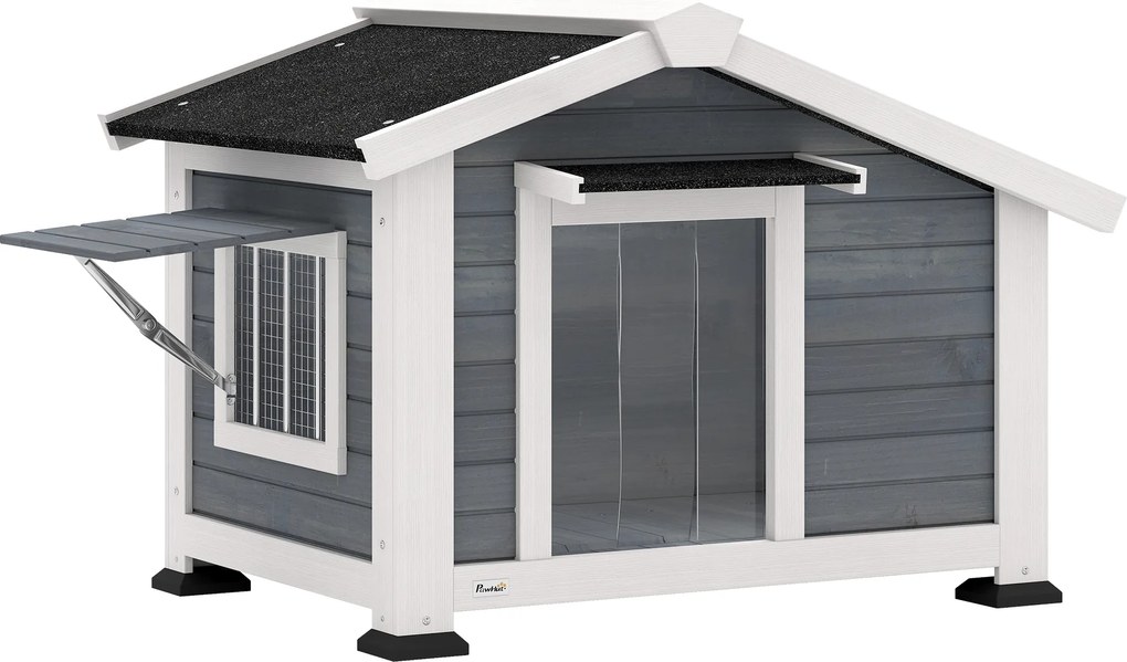 PawHut Casota para Cão resistente às intempéries em madeira com piso removível, telhado de betume, janela abrível 98x76x69,5 cm Cinzento | Aosom Portugal
