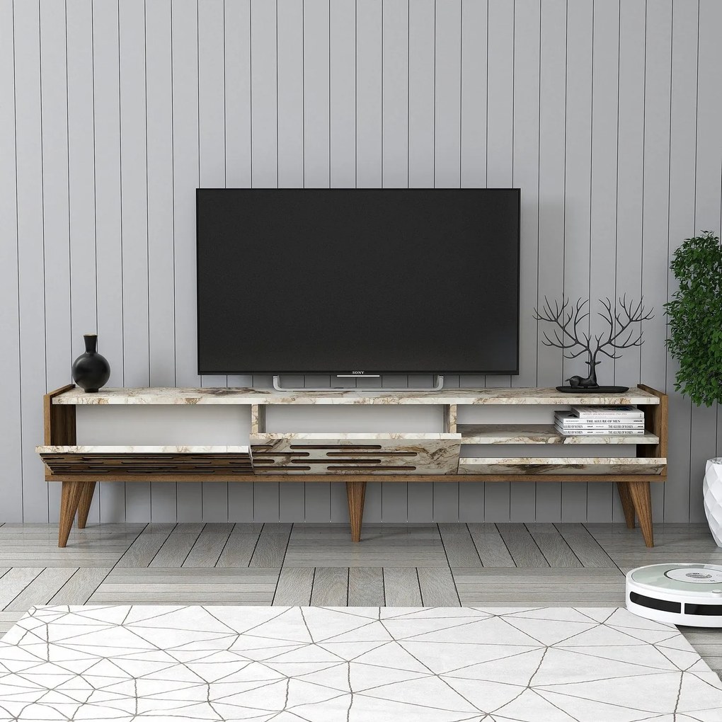Móvel TV Valensiya – Nogueira/Branco/Mármore – 180x35x45 cm