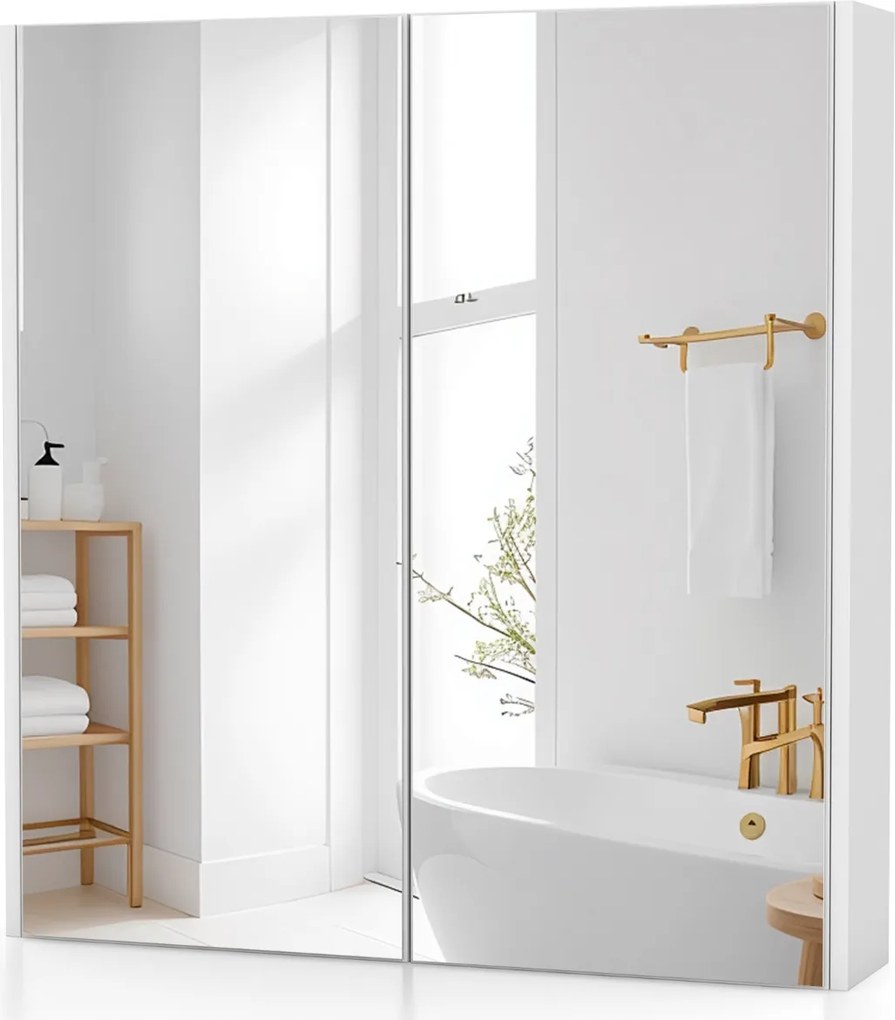 Armário de parede para casa de banho 62 x 65 cm com portas duplas espelhadas e Estante ajustável Branco
