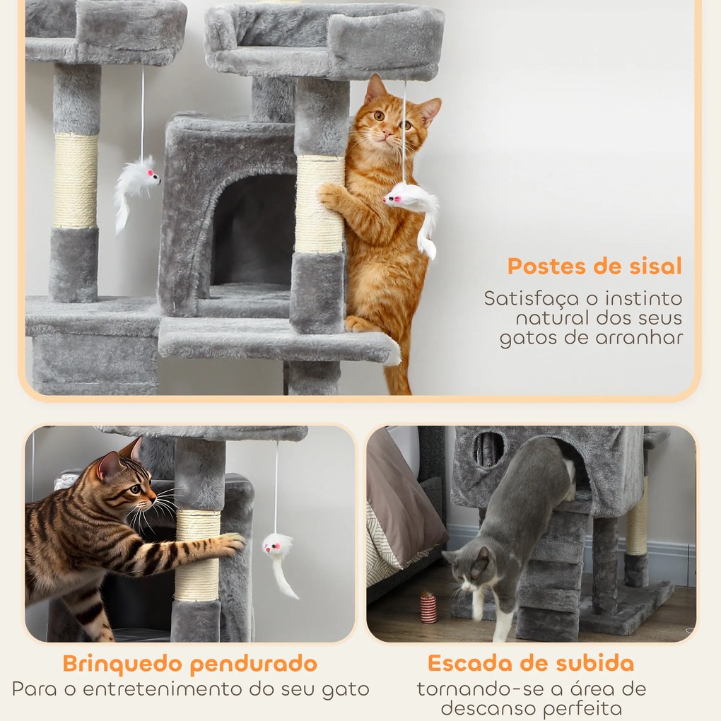 Arranhador para Gatos Arranhador de Gatos 153 cm com 2 Cavernas 3 Camas 2 Rampas Postes de Sisal e 2 Ratos Pendentes Cinzento