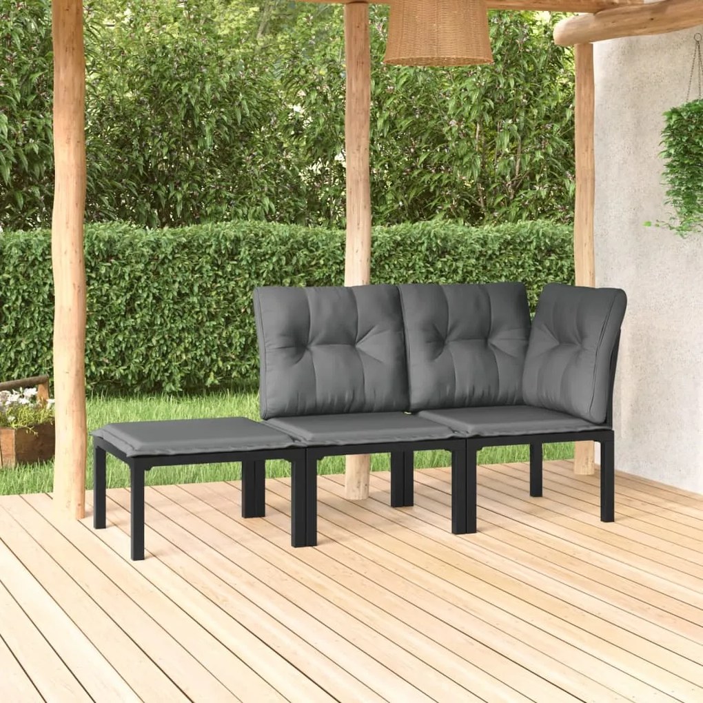 3187740 vidaXL 3 pcs conjunto lounge de jardim vime PE preto e cinzento