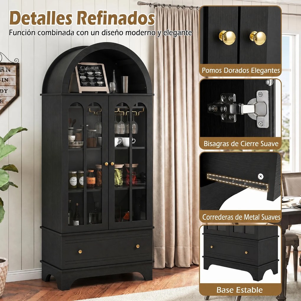 Armário de Arrumação Arqueado, 77,5 x 40 x 181 cm, Suporte para Garrafas e Copos, Preto