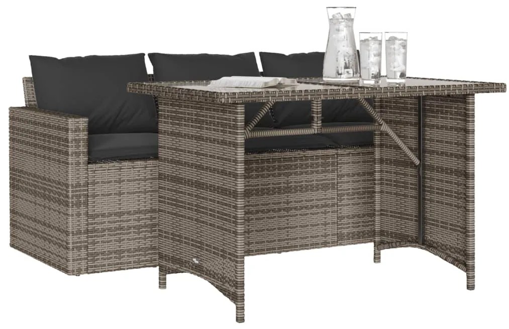 2 pcs conjunto de jantar p/ jardim c/ almofadões vime PE cinza