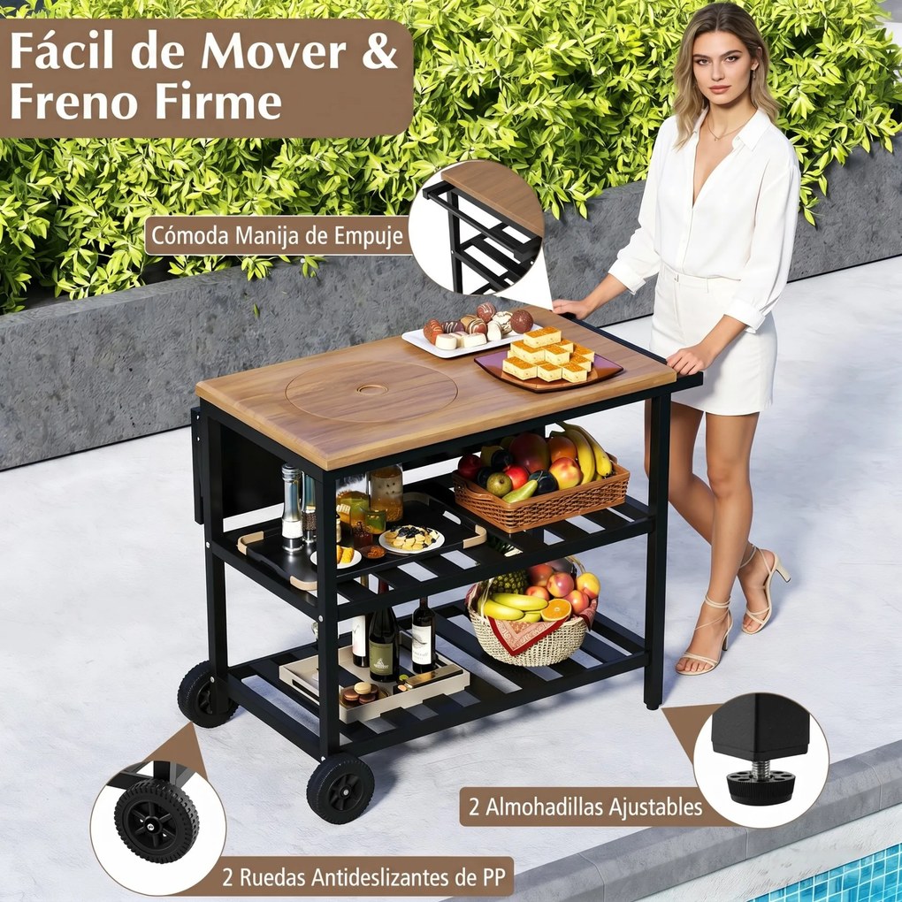 Carrinho de Barbecue com Grelha, 94,5 x 75 x 78,5 cm, Dupla Superfície de Confeção, Castanho + Preto