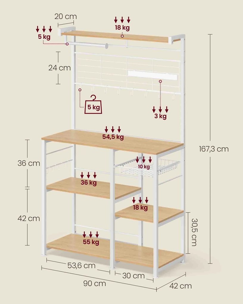 Armário de cozinha com suporte para rolos de cozinha e 12 ganchos 42 x 90 x 167,3 cm cor carvalho e branco