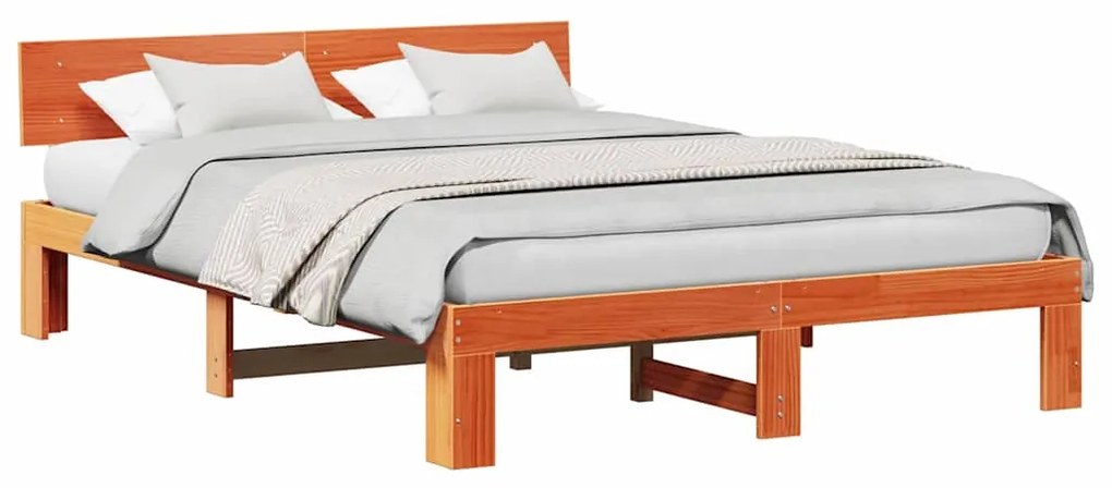 Estrutura de Cama com Cabeceira Encerada 160x200 cm Madeira de Pinho