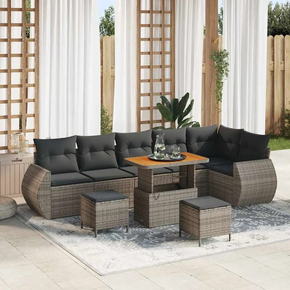 vidaXL Conjunto de Sofá de Jardim com 9 Peças , almofadas cinzas, em rattan e acácia