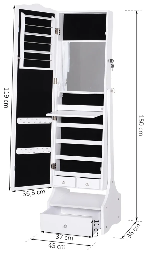 Guarda Joias Rotativo 360° com Espelho Organizador de Jóias de Todo o  Comprimento com Maquilhagem Espelho 39 x 39 x 161 cm Branco 