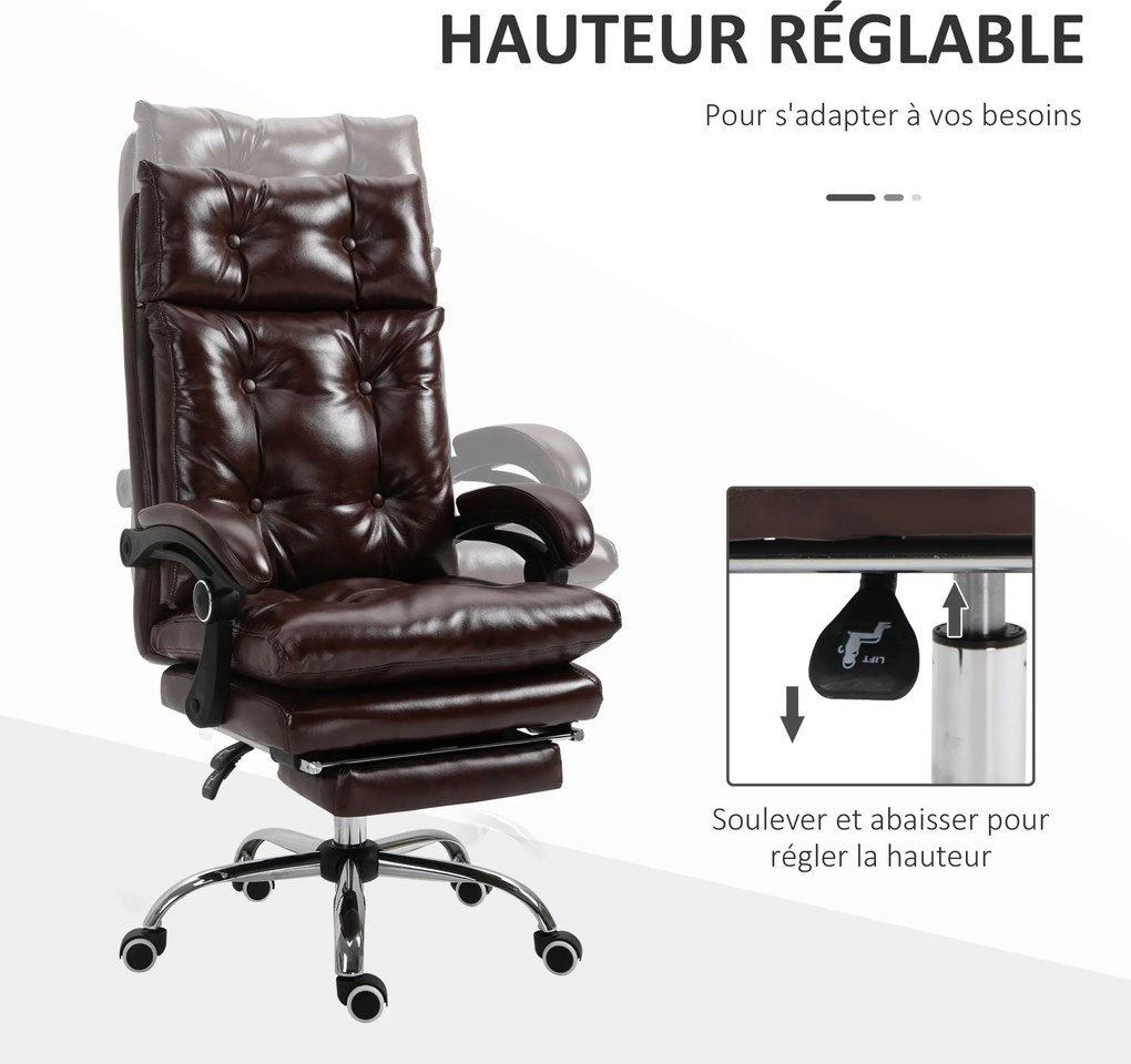 Cadeira de escritório ergonómica com altura ajustável, encosto reclinável e apoio para os pés retrátil, castanha