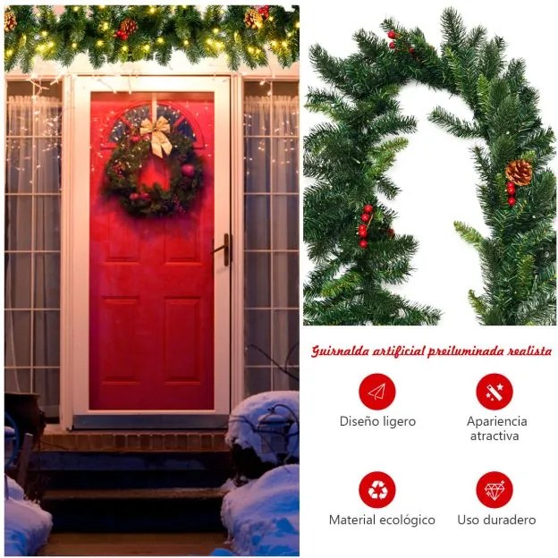 Grinalda de Natal de Pinheiro Iluminado 270 cm Artificial com 100 Luzes LED Bagas Vermelhas Pinhas Decorativas com Temporizador