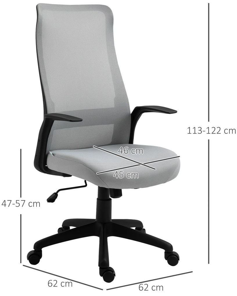 Vinsetto Cadeira de Escritório Ergonômica Cadeira de Escritório Giratória com Altura Ajustável Apoio para os Braços e Suporte Lombar Alto Transpirável 62x62x113-122cm Cinza