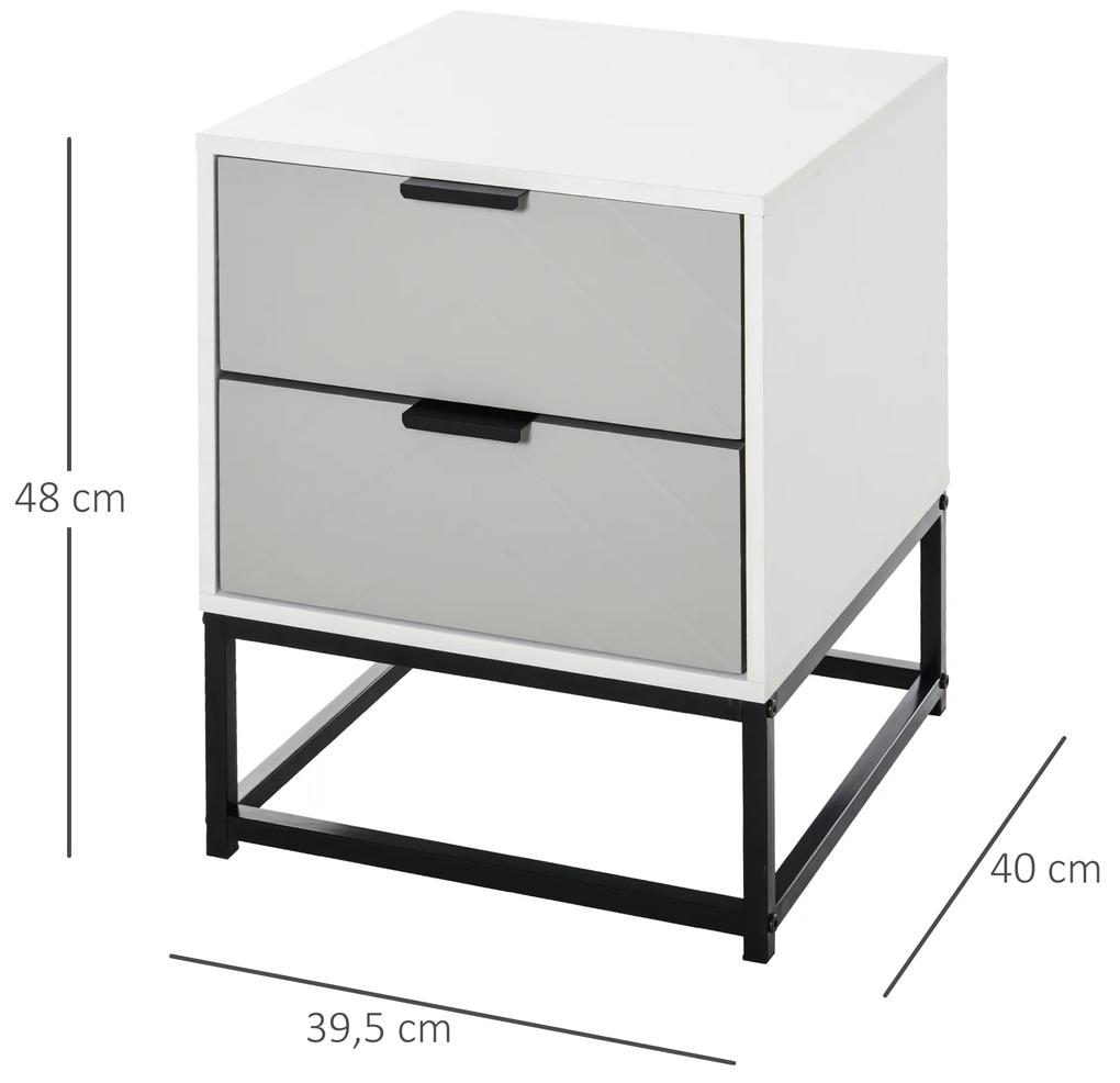 Mesa de cabeceira com 2 gavetas e base elevada de metal Estilo moderno e minimalista 39,5x40x48 cm Branco e cinza