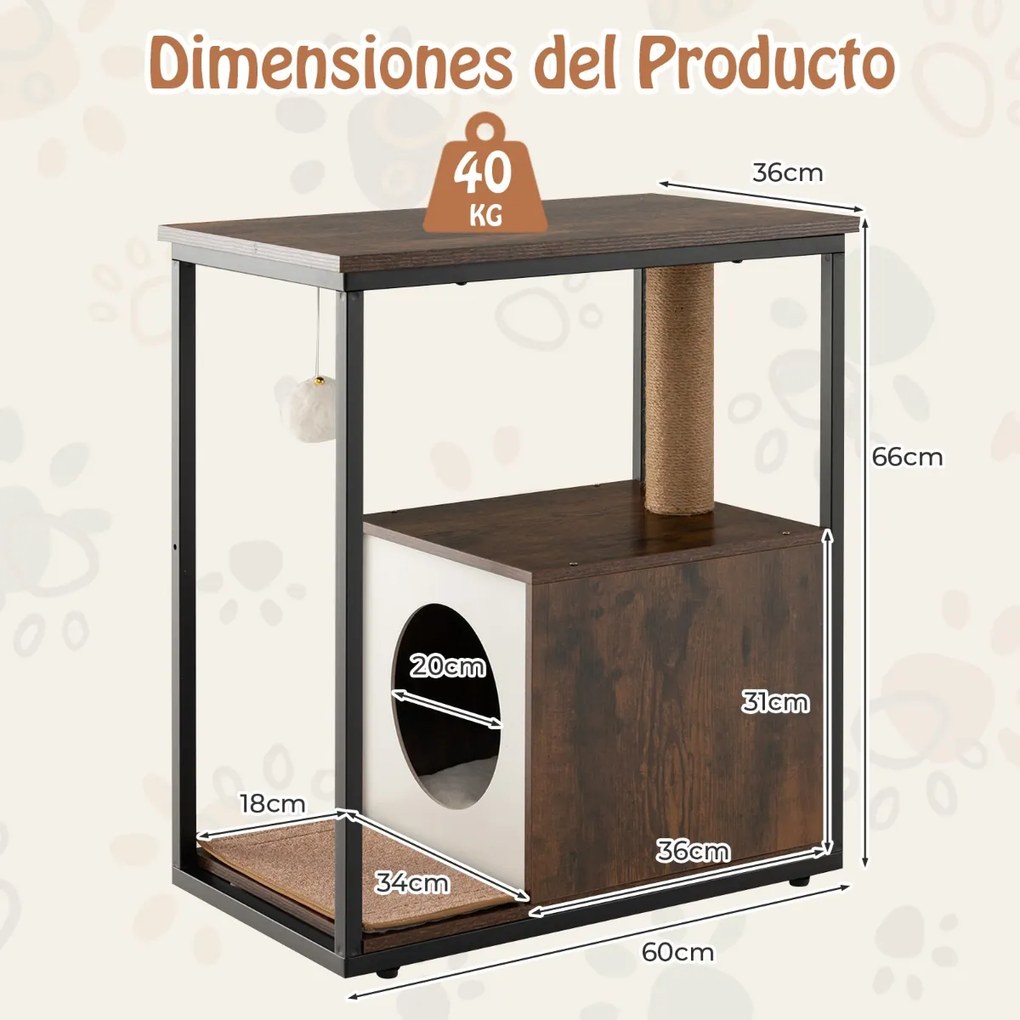 Mesa de apoio com arranhador e Casa do gato Tapete de arranhar amovível Brinquedo de bola Castanho