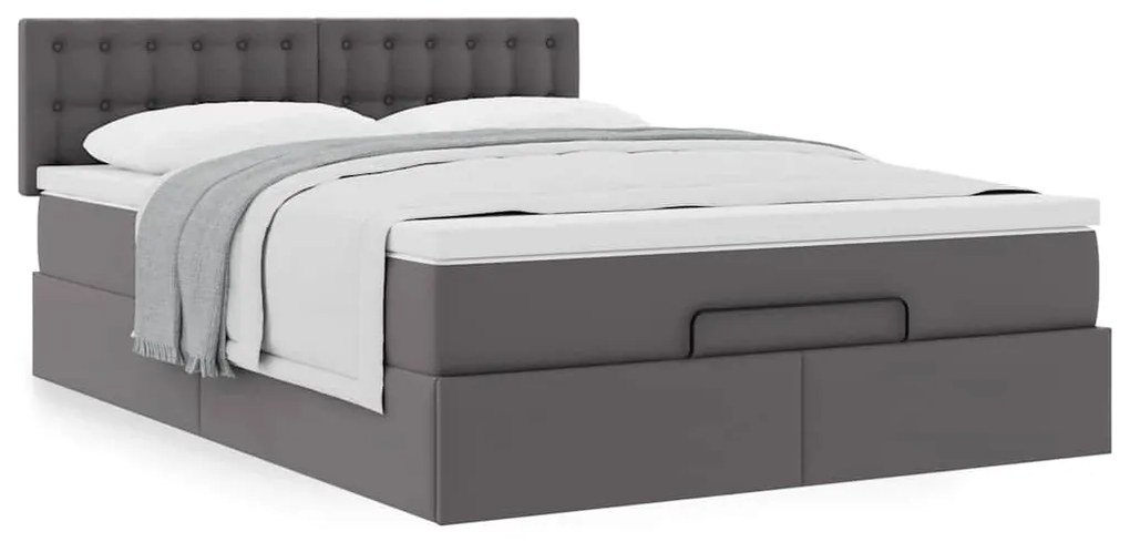 Estrutura de cama otomana com colchão cinza couro falso