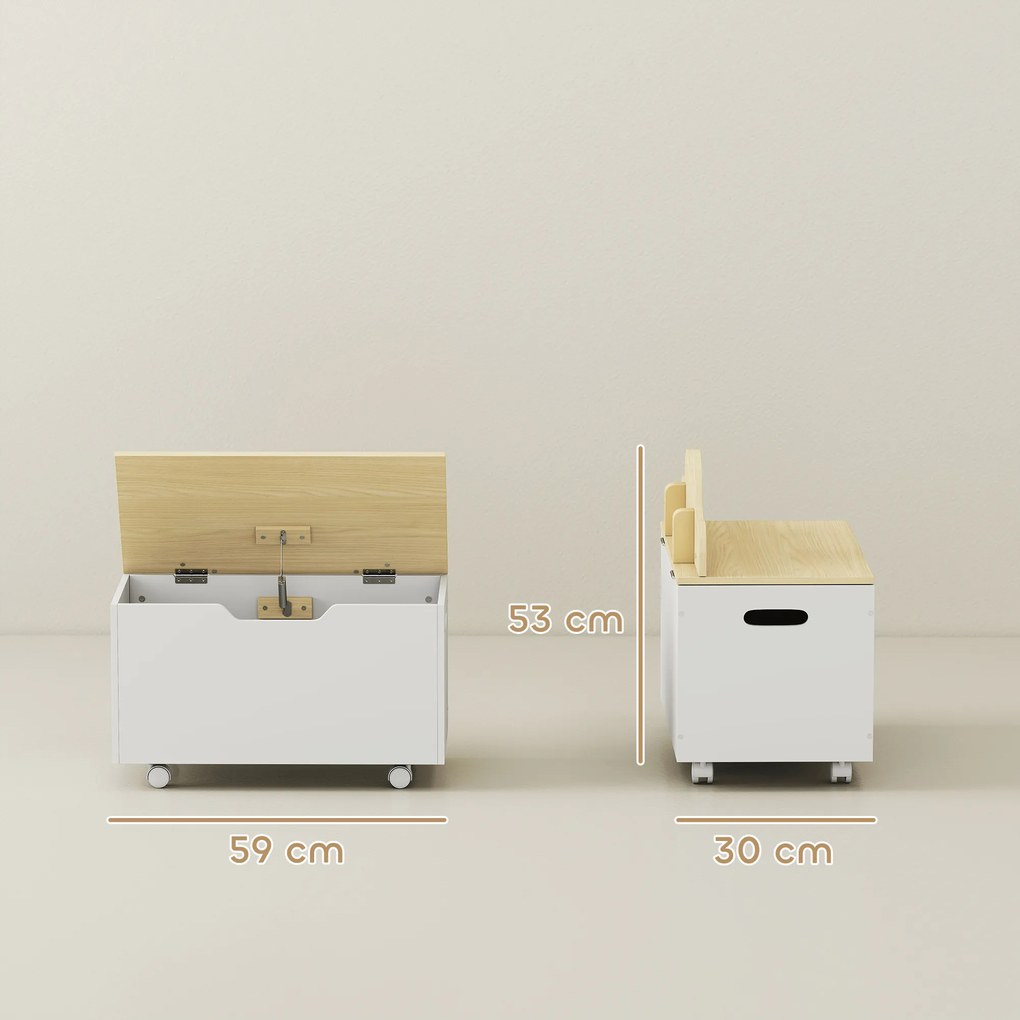 Baú de Brinquedos com Rodas com Tampa Abatível e Dobradiça de Segurança Desenho de Nuvem  59x30x53 cm Branco e Madeira