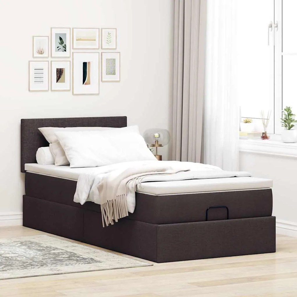 Cama otomana com colchão 100x200 cm tecido castanho escuro