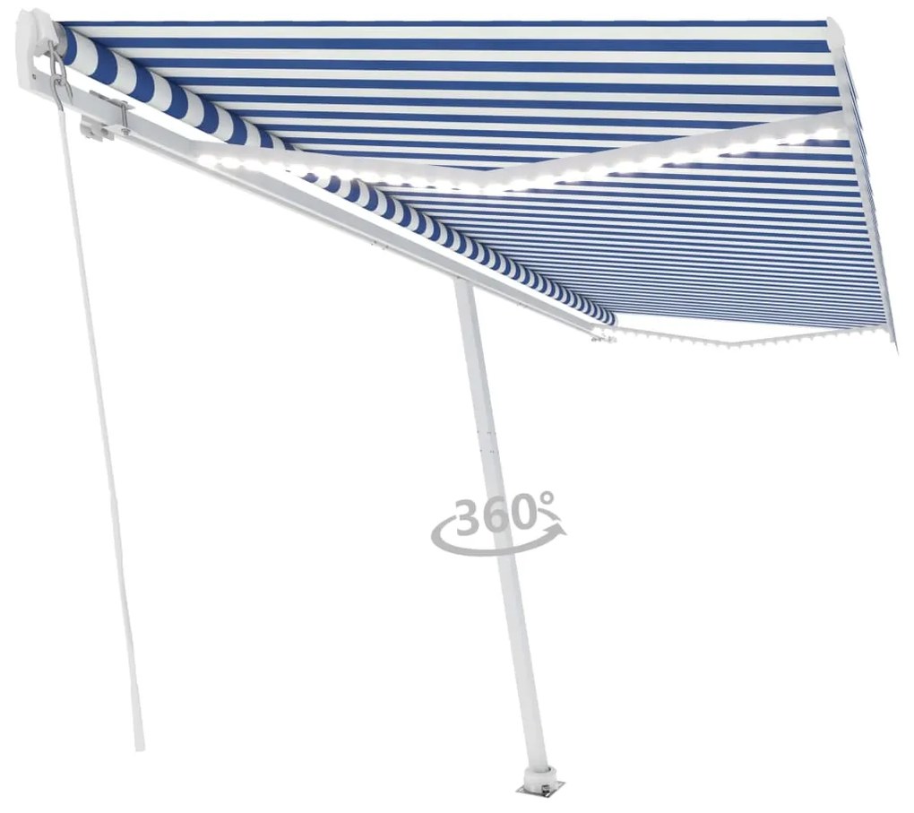 Toldo retrátil manual com LED 500x300 cm azul e branco