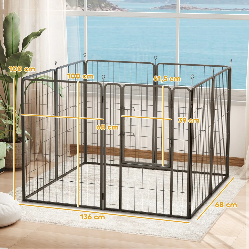 Parque para Cães de 8 Painéis 68x100 cm Parque Dobrável para Cães Médios com Portas Fecho e Estacas Preto