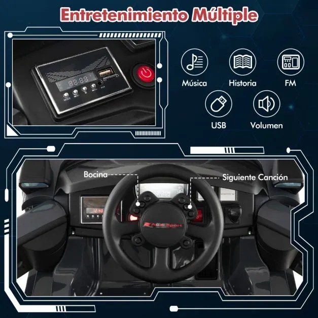 Carro elétrico para crianças Audi 12V com controle remoto Luzes LED 4 molas de suspensão para crianças com mais de 3 anos Cinza