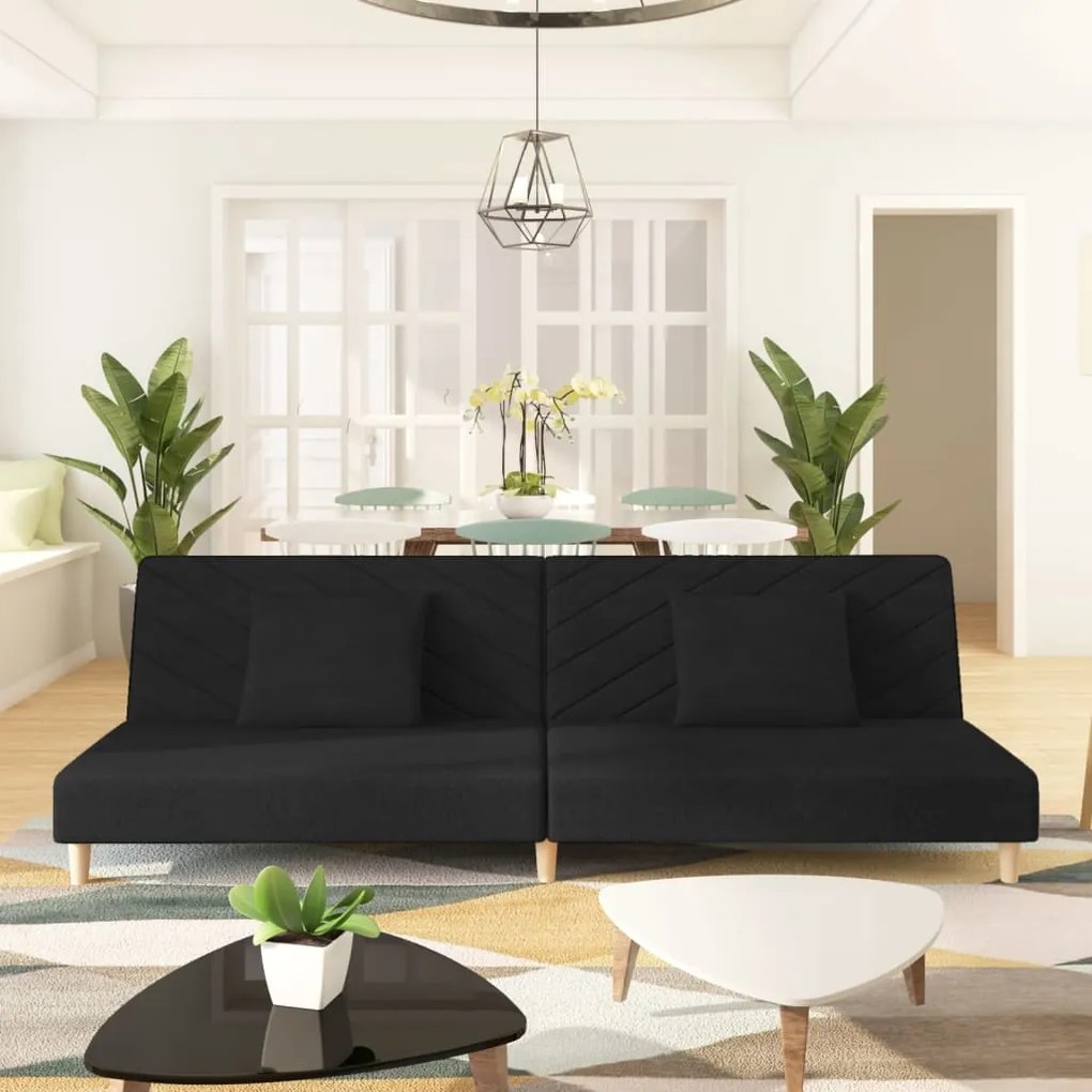 vidaXL Sofá-cama 2 lugares com duas almofadas tecido preto
