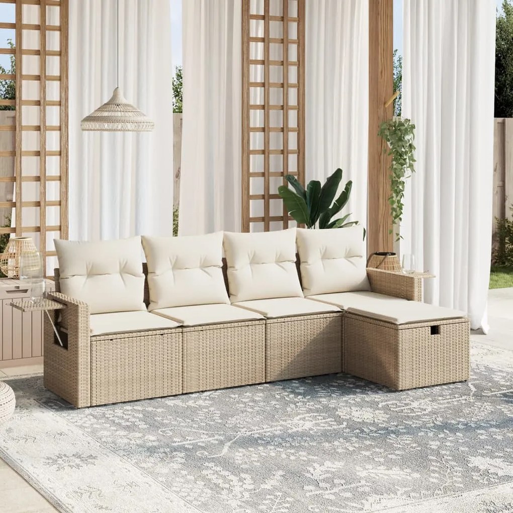 5 pcs conjunto de sofás p/ jardim com almofadões vime PE bege