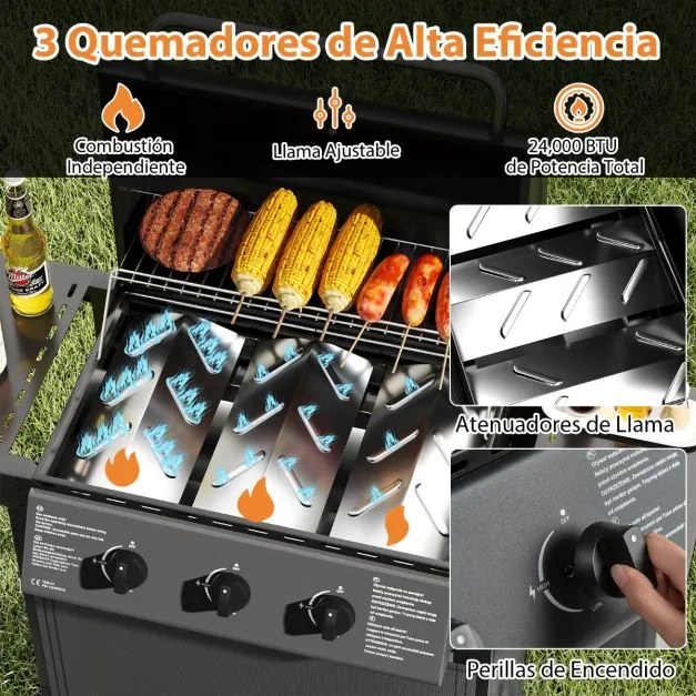 Grelha a gás com 3 queimadores, 24000 BTU, com tampa de grelha em aço inoxidável e mesas laterais para churrasco preto