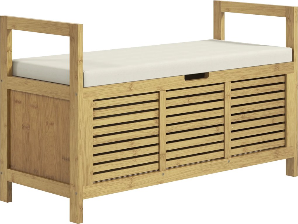 Banco com espaço de arrumação 100 x 40 x 60 cm e compartimento oculto sob o assento, com almofada e apoio de braço, cor natural