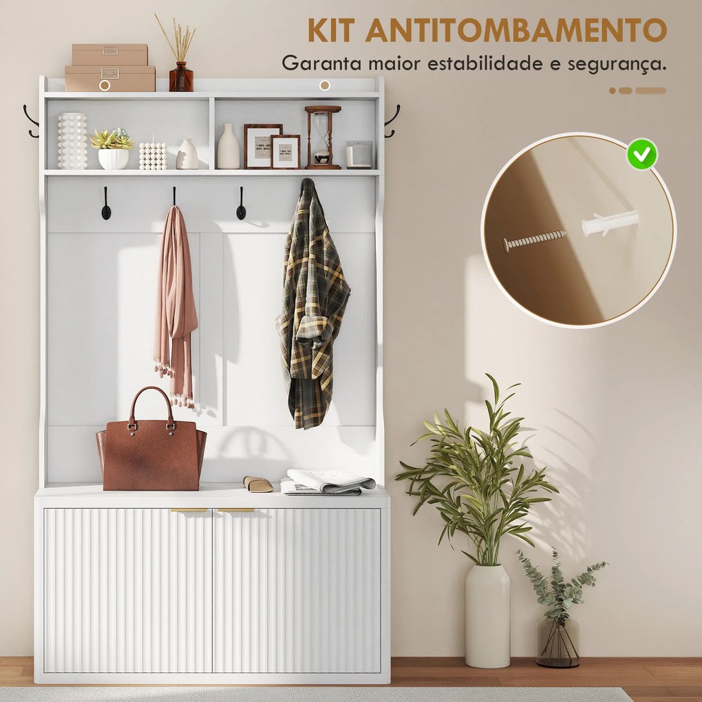 Móvel Cabide de Entrada com Sapateira Prateleiras Abertas e 6 Ganchos Estilo Moderno 100x38x172 cm Branco