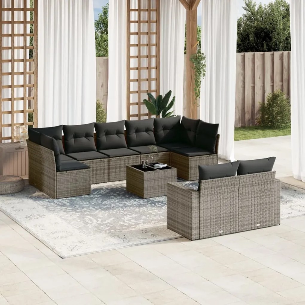 10 pcs conjunto sofás de jardim c/ almofadões vime PE cinzento