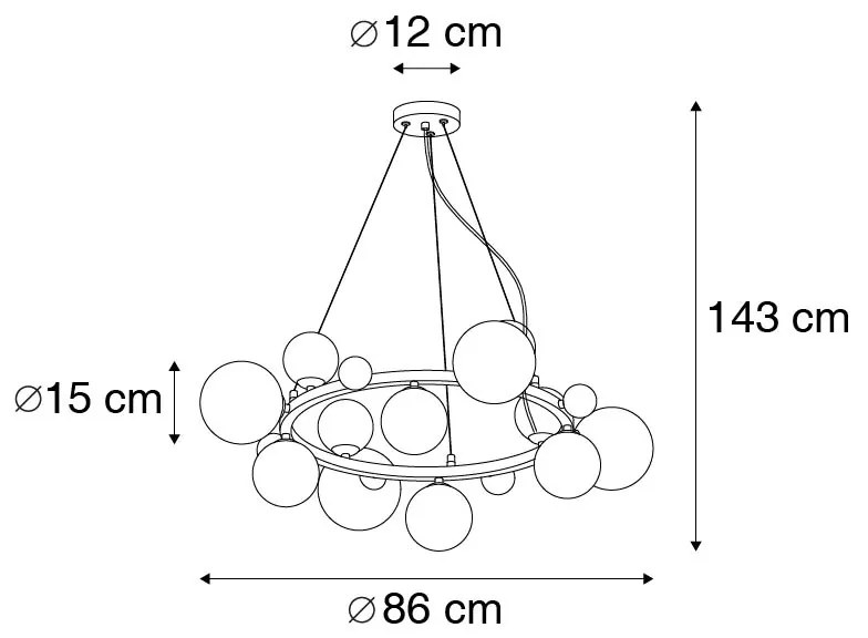 Candeeiro suspenso Art Déco preto com vidro fumê 12 luzes - David Art Deco