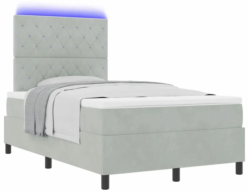 Cama Box com Colchão e Luz LED Cinza Claro 120x190 cm Veludo