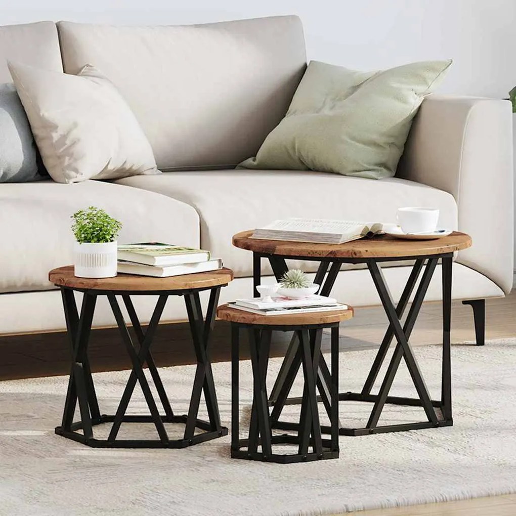 vidaXL Mesa Lateral Empilhável 3 pcs Madeira antiga 53 x 53 x 40 cm