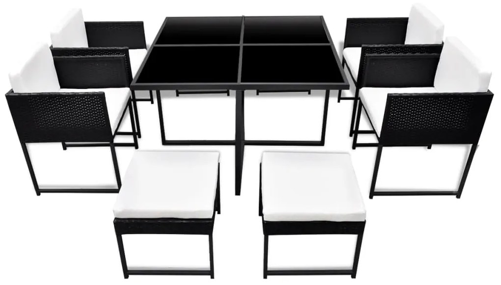 9 pcs conjunto jantar exterior com almofadões vime PE preto