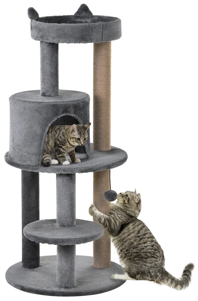 PawHut Árvore Arranhador para Gatos com Plataforma Caverna Postes de Sisal e Bola Suspensa 48x48x104 cm Cinza