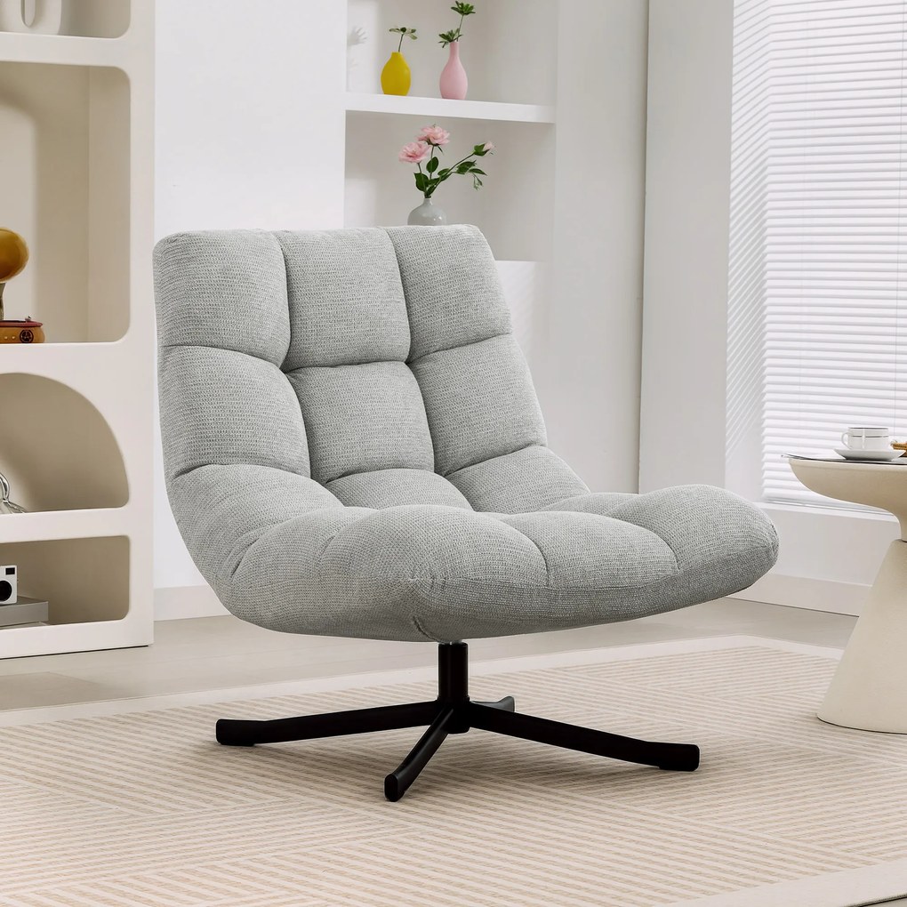 Poltrona de Sala Giratória, 95 x 75 x 90 cm, Revestimento em Tecido de Chenille, Cinzento-Claro