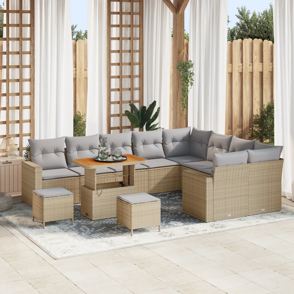 Conjunto de Sofás de Jardim vidaXL com Almofadas Bege Rattan Poliéster