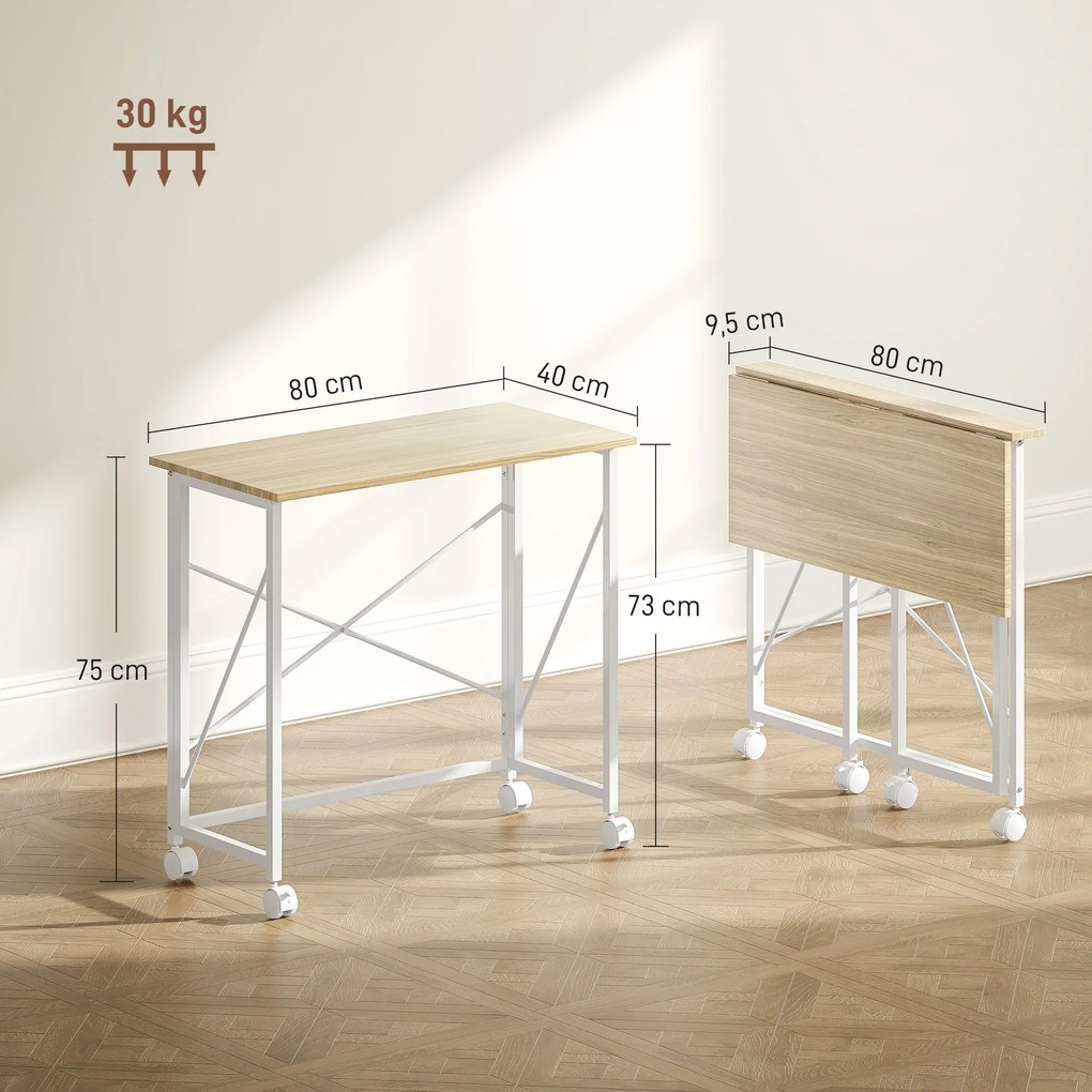 Secretária Dobrável com Rodas Mesa de Secretária Compacta Portátil para Espaços Pequenos 80x40x75 cm Madeira e Branco