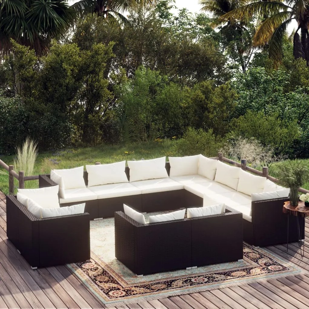 vidaXL 11 pcs conjunto lounge de jardim c/ almofadões vime PE preto