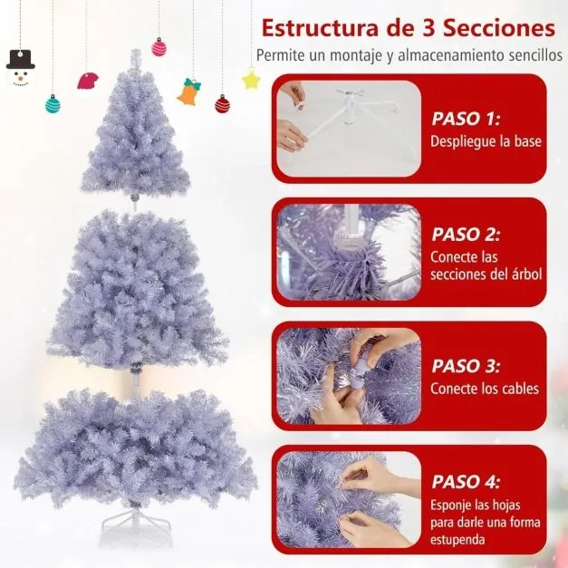 Árvore de Natal pré-iluminada de 180 cm artificial com 688 pontas de ramos 250 luzes LED brancas quentes 8 modos Púrpura