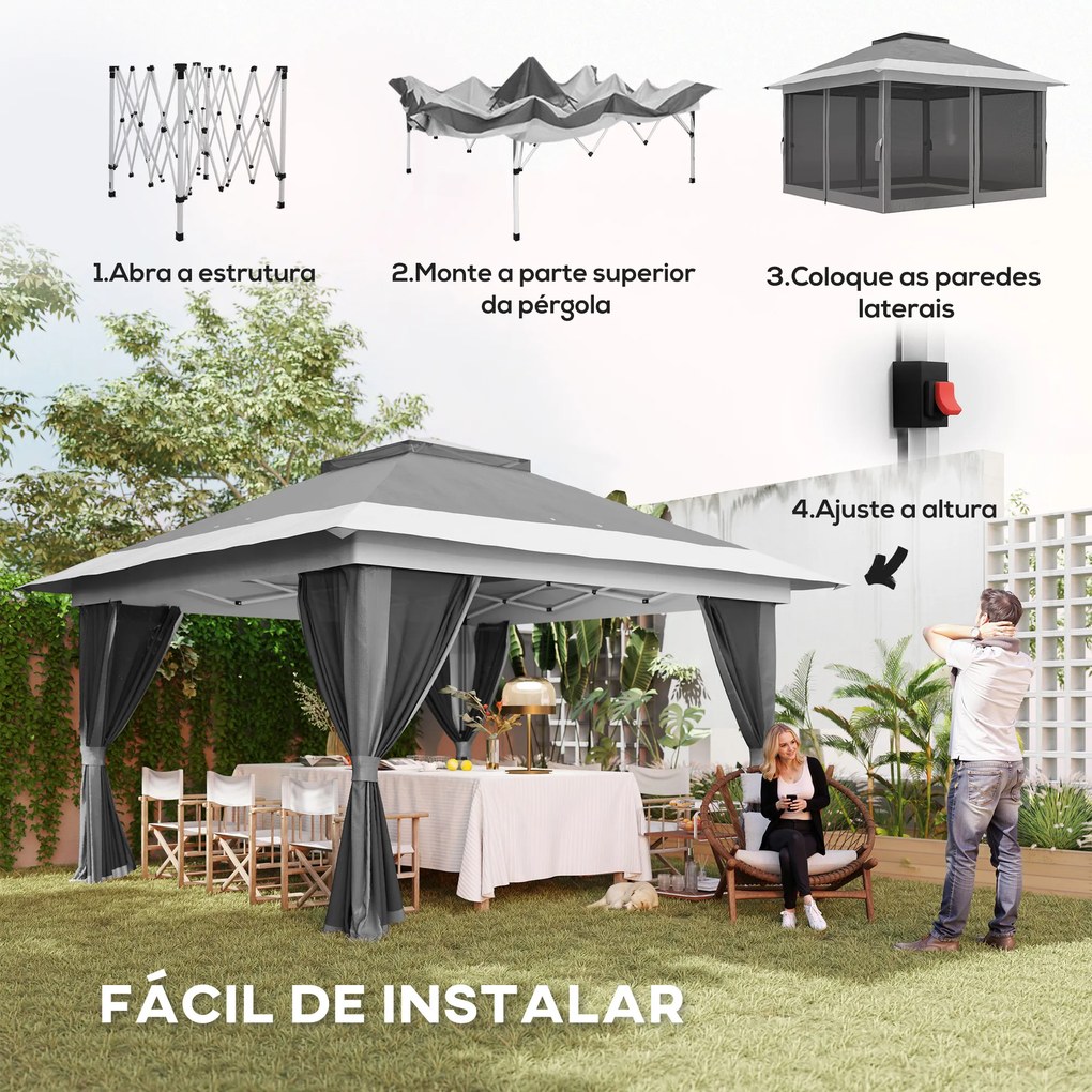 Pérgola Dobrável 356x356x280 cm com 4 Paredes Laterais de Malha Anti-UV Altura Ajustável e Bolsa de Transporte Cinza Escuro