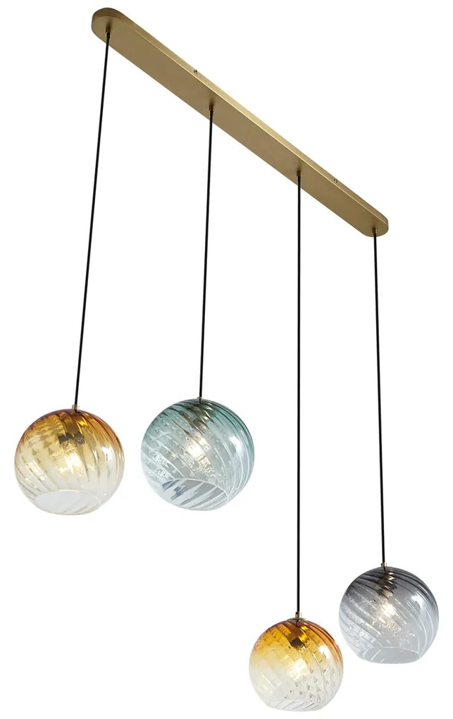 Candeeiro suspenso bronze com vidro fumado âmbar e verde retangular 4-luzes - Bao Art Deco